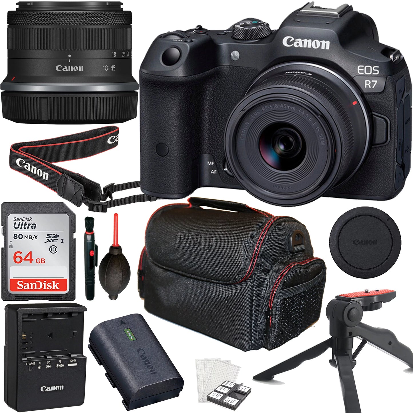 & Camera + Lens Tripod Canon STM Card RF-S R7 + with + 18-45mm f/4.5-6.3 More Memory IS 64GB Mirrorless EOS Case