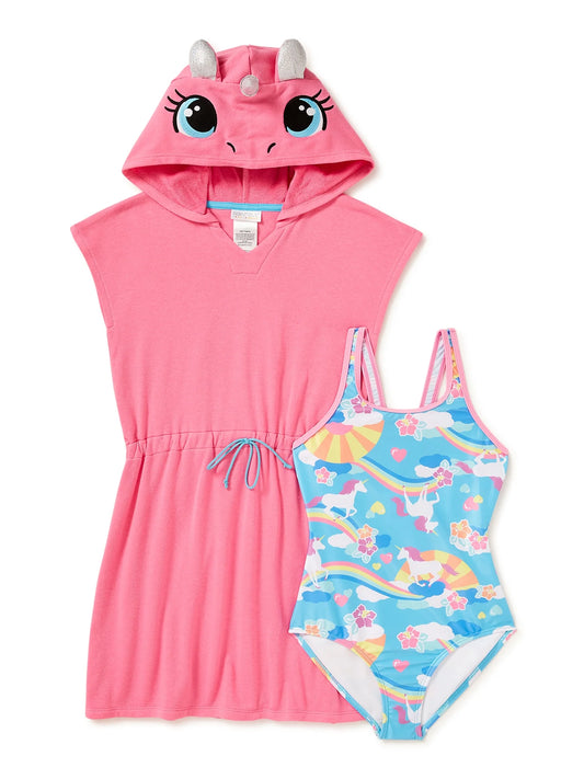 & 2-Piece Cover-Up Unicorn Terry Eve Toddler Girls Set, Cosplay One-Piece Swimsuit, Sizes 2T-4T Saint Swim