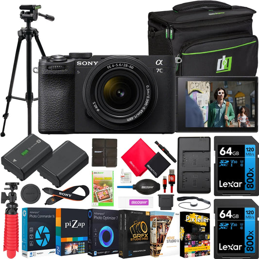 & a7C Kit + Gear Battery Extra + ILCE-7CM2L/B Lens Tripod F4-5.6 Mirrorless II + Full Photography Black Deco Frame Charger Software Accessories with Bundle Case 28-60mm with Bag Camera Sony + Body