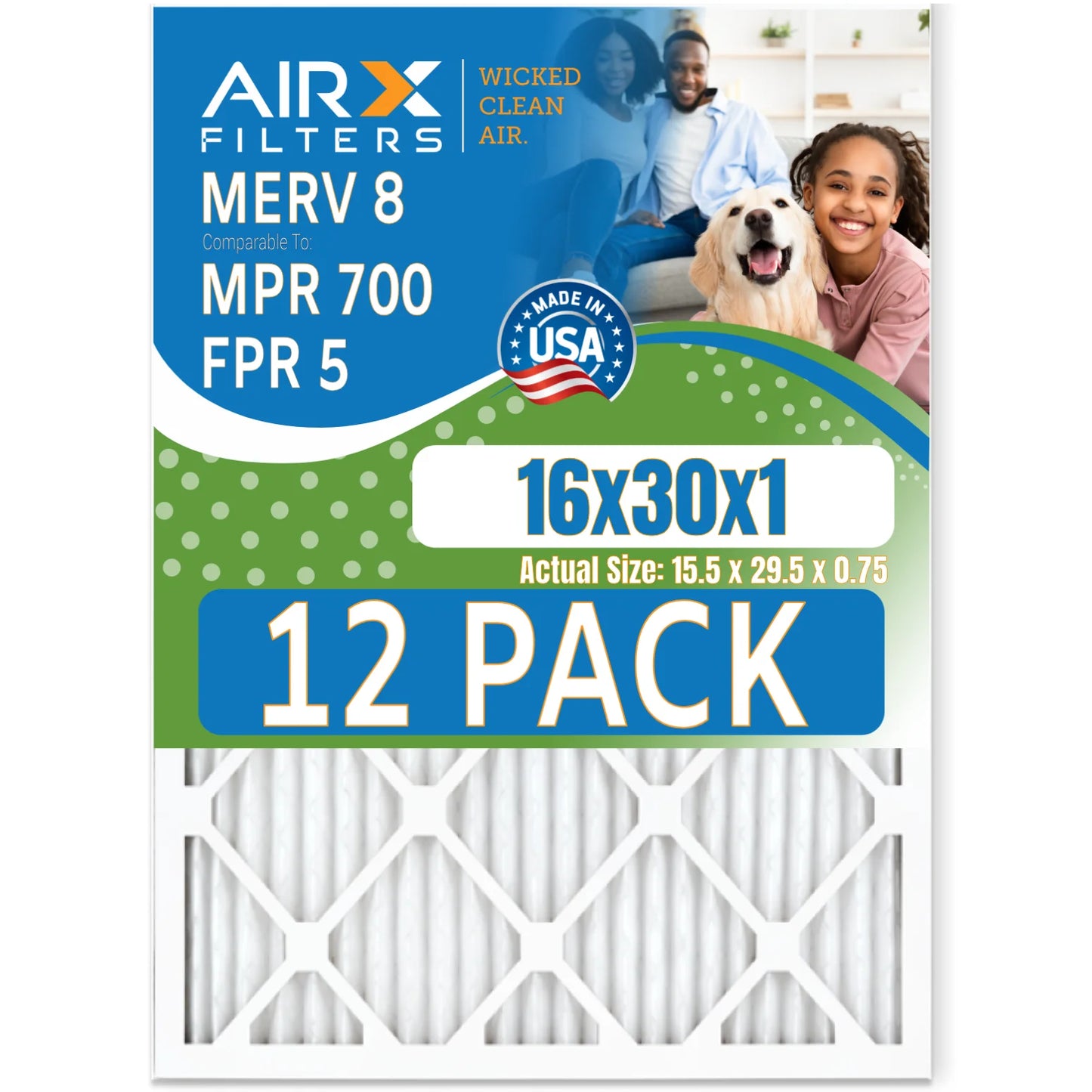 & Comparable of Rating, Furnace Filter AIR. 12 Air WICKED FILTERS CLEAN 8 Pack MPR - 16x30x1 Filters by FPR 5 Made to USA AIRX in 700 MERV